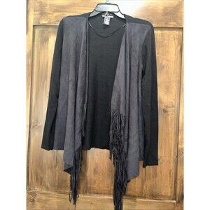 E424 Chelsea & Theodore Chocolate Black Fringed Jacket Size M Faux Suede Front